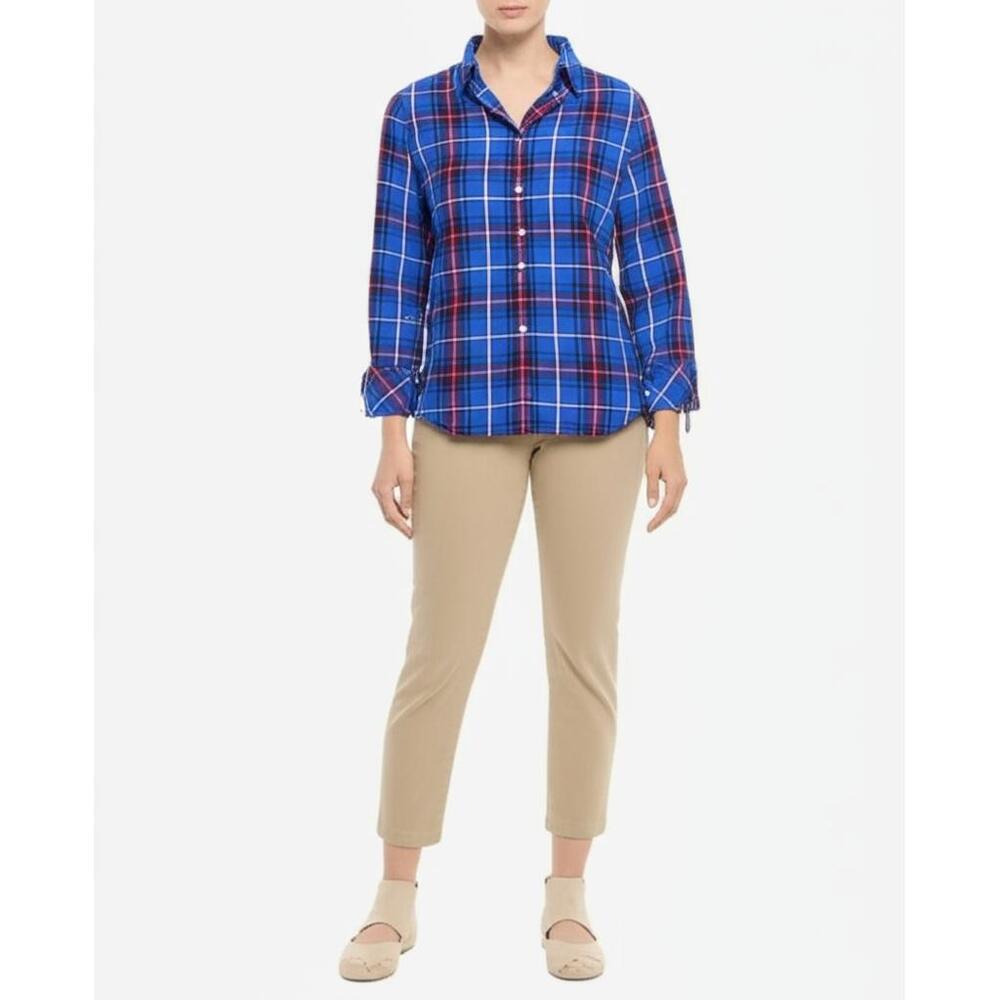 TALBOTS Womens Plaid Flannel Shirt Size P Blue Red Black White Button Down Cozy